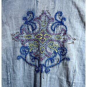 Maurices Premium Denim-Look Blouse Shirt Sz XXL Embellished Embroidery sparkly
